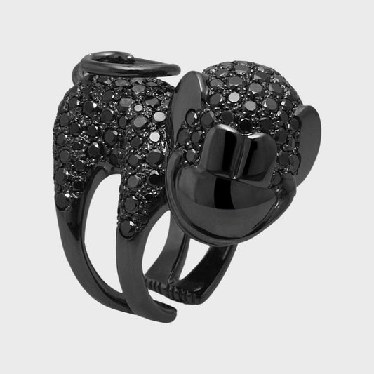 Tierring Klammeraffe mit schwarzen Diamanten -  Kollektionen -  RINGKING Max Grün - Goldschmied aus Leidenschaft