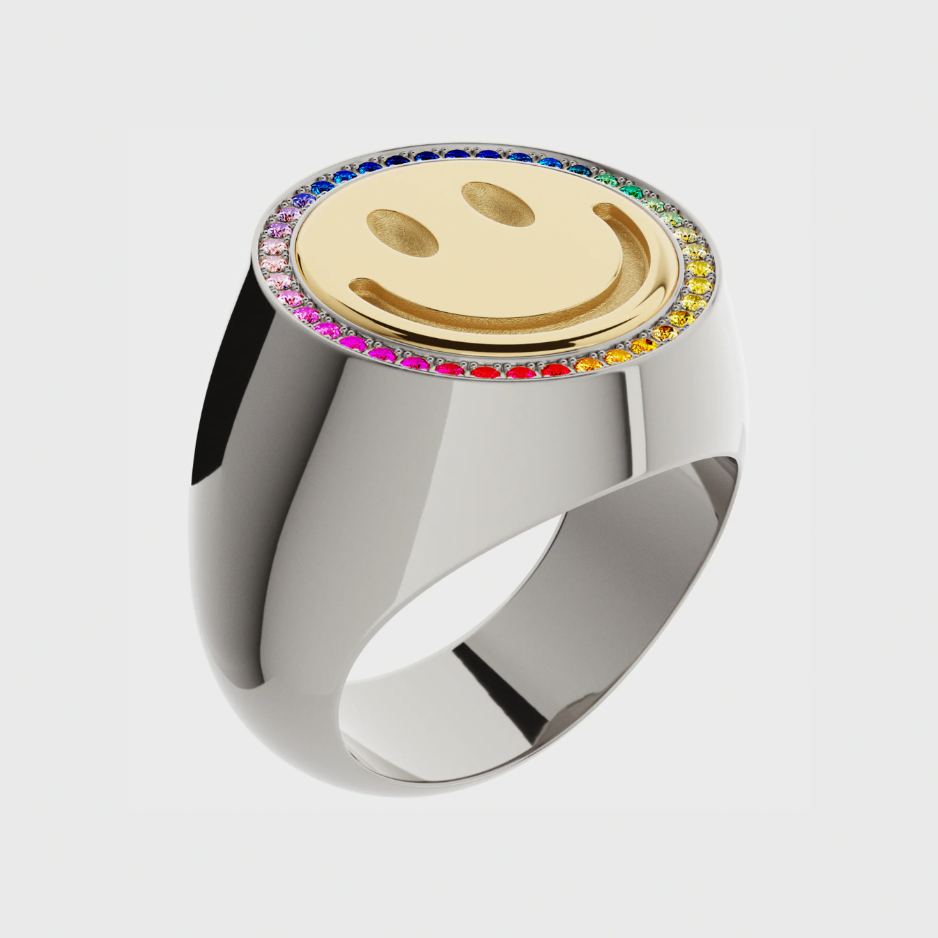 Siegelring Smiley Rainbow aus 18K Gelbgold mit Saphiren